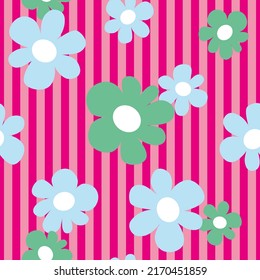 Seamless pattern, simple chamomile flowers in cartoon style on a striped background. Vector illustration, no people. Bright, delicate colors of pink, green and blue. For fabric, paper, covers, etc.