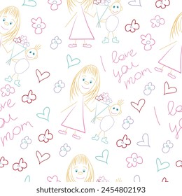 seamless pattern with a simple childish drawing of a mother with a child giving a bouquet of flowers and words of love to her mother, drawn by a child's hand with doodles for posters, cards or banners