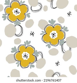 Seamless pattern simple childish style illustration with hand drawn orange flowers, pastel shapes and black tangles of lines on a white background. Abstract botanical print for wallpaper, textiles