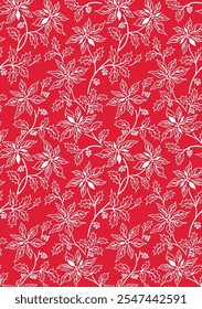 Seamless Pattern of Simple Christmas Poinsettia with Red background-Christmas Vector Illustration 