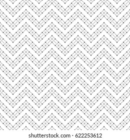 Seamless pattern. Simple classical texture in the form of waves. Dashed lines. Monochrome. Repeating zigzag shapes with rhombuses, crosses. Backdrop. Web. Vector geometric illustration