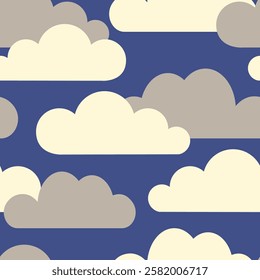 Seamless pattern with simple clouds on a blue background. Three color pattern. Hand drawn vector illustration.
