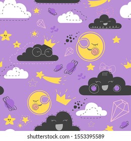 Seamless pattern of simple clouds with smiles and various additional elements on the theme of the sky. Made in a flat, minimalistic doodle style. 