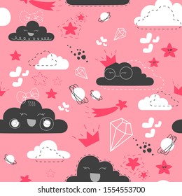 Seamless pattern of simple clouds with smiles and various additional elements on the theme of the sky. Made in a flat, minimalistic doodle style. 