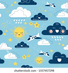 Seamless pattern of simple clouds with smiles and various additional elements on the theme of the sky. Made in a flat, minimalistic doodle style. 