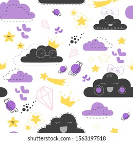 Seamless pattern of simple clouds with smiles and various additional elements on the theme of the sky. Made in a flat, minimalistic doodle style. 