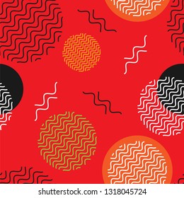 Seamless pattern with simple color geometric elements on a red background. Vector illustration