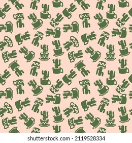 Seamless pattern with simple colored drawing cactus silhouette in cups and pots