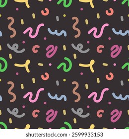 Seamless pattern with simple colored line drawings. Children's background with scribbles.
