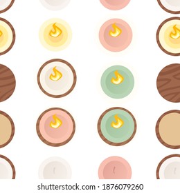 Seamless pattern simple colorful candle on wooden plates top view flat vector illustration on white background