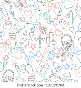 Seamless pattern with simple contour icons on a theme the holiday of Easter , colored outline icons on white background