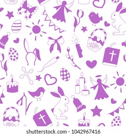 Seamless pattern with simple contour icons on a theme the holiday of Easter , purple silhouettes icons on a white background 