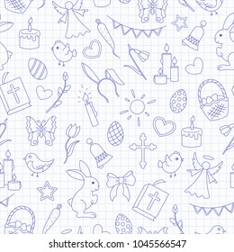 Seamless pattern with simple contour icons on a theme the holiday of Easter , blue  contour  icons on the clean writing-book sheet in a cage