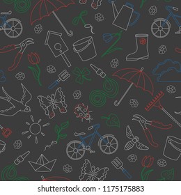 Seamless pattern with simple contour icons on the theme of spring , simple colored chalks on the dark school Board