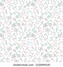 Seamless pattern with simple contour icons on the theme of spring , simple colored contour icons on white background
