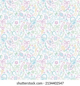 Seamless pattern with simple contour icons on a theme the holiday of Easter , colored outline icons on the clean writing-book sheet in a cage
