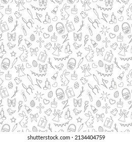Seamless pattern with simple contour icons on a theme the holiday of Easter , dark contours on white background