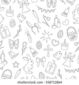 Seamless pattern with simple contour icons on a theme the holiday of Easter , dark contours on white background