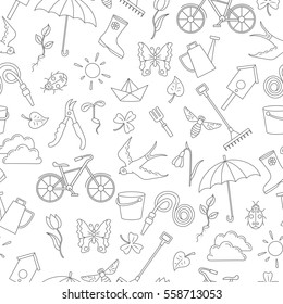 Seamless pattern with simple contour icons on the theme of spring , dark outline on a white background
