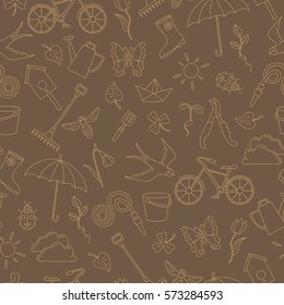 Seamless pattern with simple contour icons on the theme of spring , light outline on a brown background