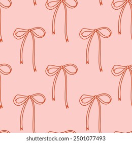 Seamless pattern of simple coquette bows on a soft pink background. Bows pattern. Red ribbons on pink backdrop. Perfect for wrapping paper