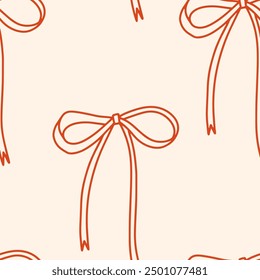 Seamless pattern of simple coquette red bows on a beige background. Bows pattern. Red ribbons on light backdrop. Perfect for wrapping paper