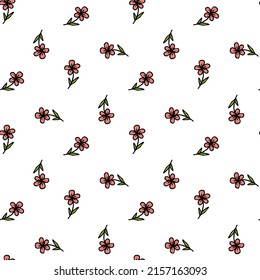 Seamless pattern with simple creative pink flowers on white background. Doodle style. Vector image.
