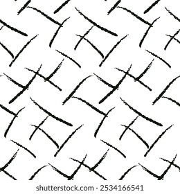 Padrão contínuo com crosshatching simples. Textura desenhada à mão com traços aleatórios de carvão livre. Fundo abstrato branco preto com grade de hachura, traçados. Ilustração vetorial em duas cores.