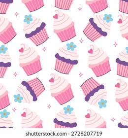 Padrão contínuo com cupcakes simples em um fundo branco. Gráficos vetoriais.