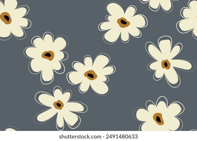 Seamless pattern simple cute big light flowers boho style. White geometric abstract flowers gray background. Primitive childish floral design for wallpaper, Hawaiian shirt, banner, packaging, textile