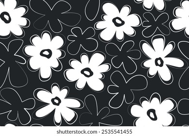 Seamless pattern of simple cute big white flowers in boho style. Monochrome line art geometric abstract flowers on black background. design for wallpaper, Hawaiian shirt, banner, postcard, textiles