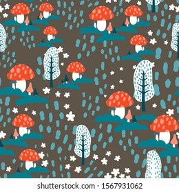 Seamless pattern with simple cute cartoon trees and mushrooms. Vector illustration