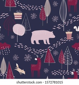Seamless pattern with simple cute winter forest, christmas gifts and animals such as a bear, fox and deer. Vector illustration
