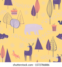 Seamless pattern with simple cute winter forest, christmas gifts and animals such as a bear, fox and deer. Vector illustration