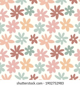 Seamless pattern with simple daisy flowers in pastel colors on a white background. Floral modern print. Great for fabric, wallpaper, textile, wrapping. Vector illustration.