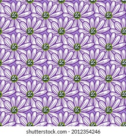 Seamless pattern with simple daisy flowers shapes. Purple background. Natural floral backdrop. Vector design for textile, fabric, giftwrap, wallpapers.