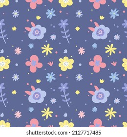Seamless pattern with simple daisy flowers in pastel colors on a violet background. Floral modern print for fabric, wallpaper, textile, wrapping. Vector illustration.