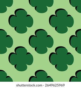 Padrão contínuo com trevos simples de quatro folhas verde-escuro em um fundo verde-claro. Um design gráfico moderno e minimalista com uma sutil sombra projetada para um visual limpo e em camadas de recorte de papel 3D.