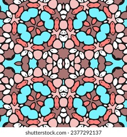 A seamless pattern with simple decor and a contrasting palette dominated by blue, brown and pink. Vector illustration