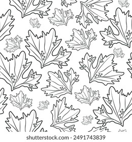 seamless pattern with simple design of maple autumn leaves in abstract style drawn with black outline, vector illustration