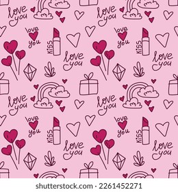 Seamless pattern with simple doddle elements for Valentine’s day. Romantic background with love cute elements such as hearts, lollipops, lipstick, clouds, rainbow. 