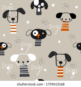 Seamless pattern with simple dogs for kids. Vector hand drawn illustration.