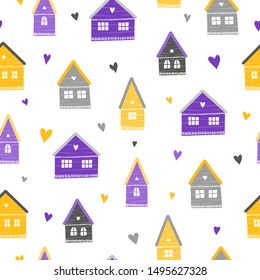 Seamless pattern with simple doodle colorful Scandinavian houses.