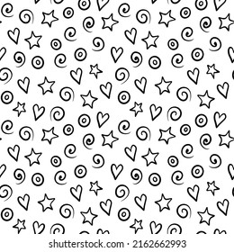 Seamless pattern with simple doodle elements. Black shapes on white background. Vector illustration.