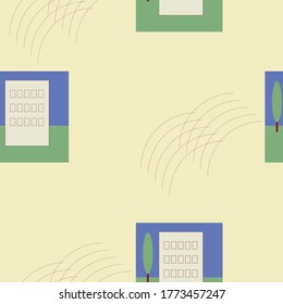 Patrón inexorable de dibujos simples sobre un fondo amarillo claro para los textiles. Una casa de varios pisos y un árbol contra el cielo en un rectángulo.