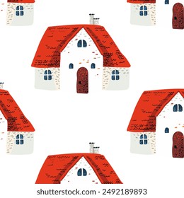 Seamless pattern. A simple fairytale house with a red roof in Scandinavian style. White background for cards, posters. Packaging paper and textiles