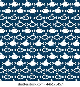 Seamless pattern of simple fish on dark blue background. Hand drawn vector illustration. Design for fabric and decor.