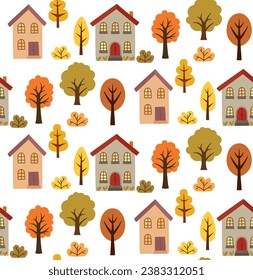 Seamless pattern with simple flat autumn trees and cute buildings. Vector fall backdrop.	