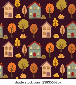 Seamless pattern with simple flat autumn trees and cute buildings. Vector dark backdrop.	