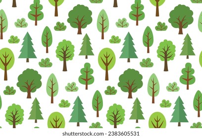 Seamless pattern with simple flat green trees and bushes. Vector cute backdrop.